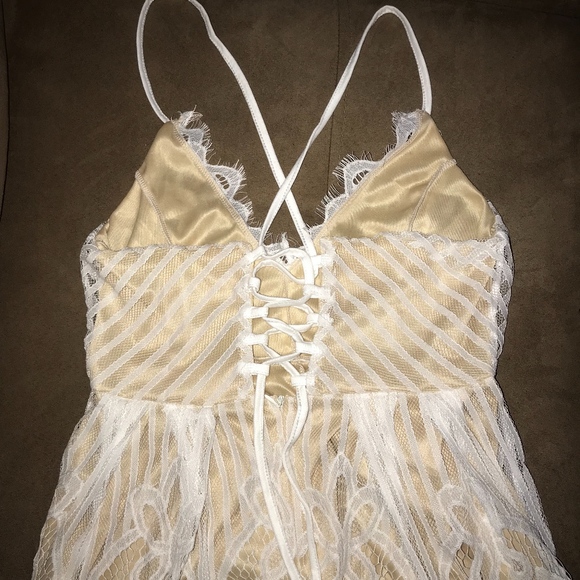 Elegant Tan Lace Romper Dress - Picture 3 of 5